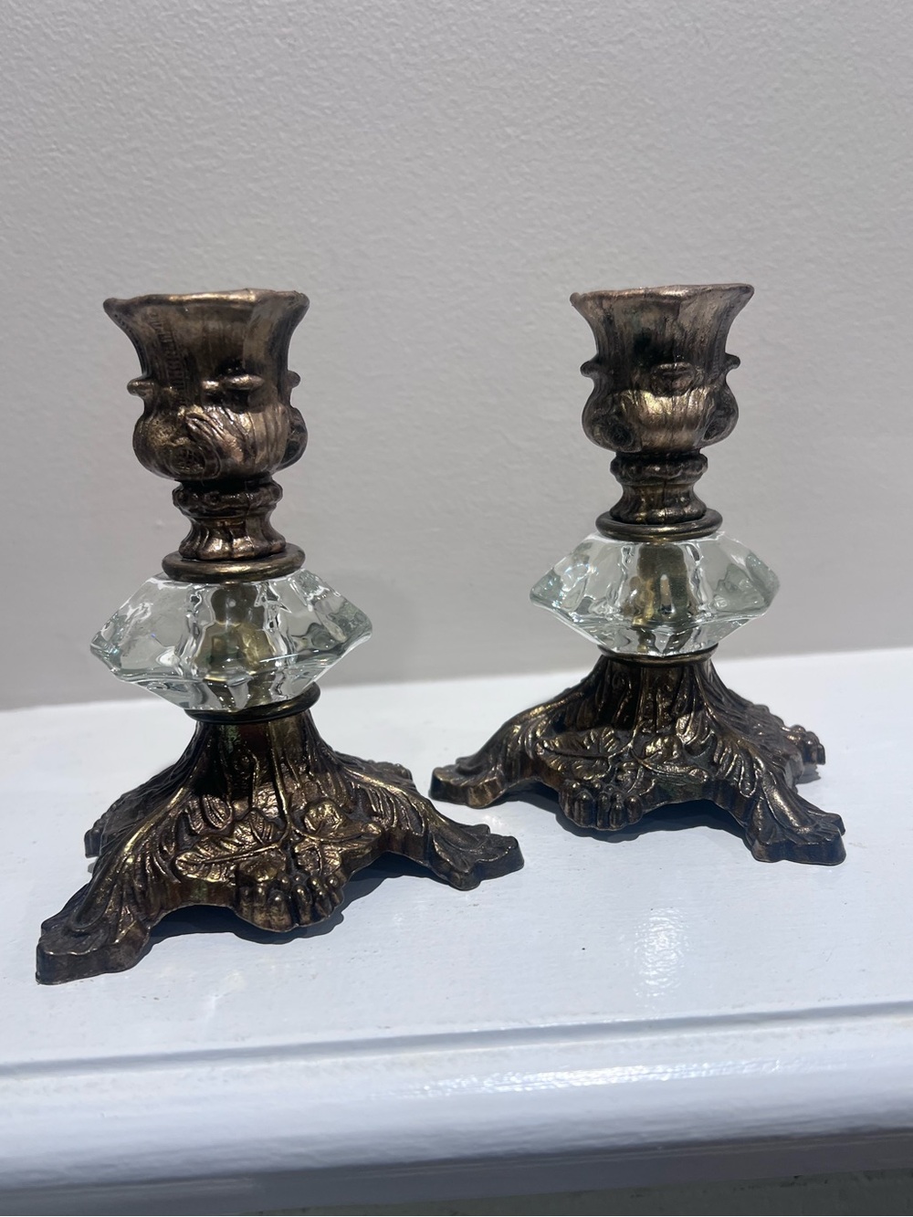 Vintage Metal & Faceted Glass Candlestick Holders Pair Hollywood Regency